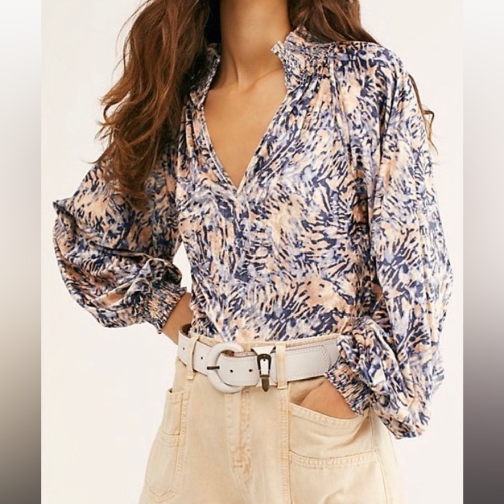 Free People Go Get ‘Em Crushed Velvet Tiger Print V-Neck Balloon Sleeve Top